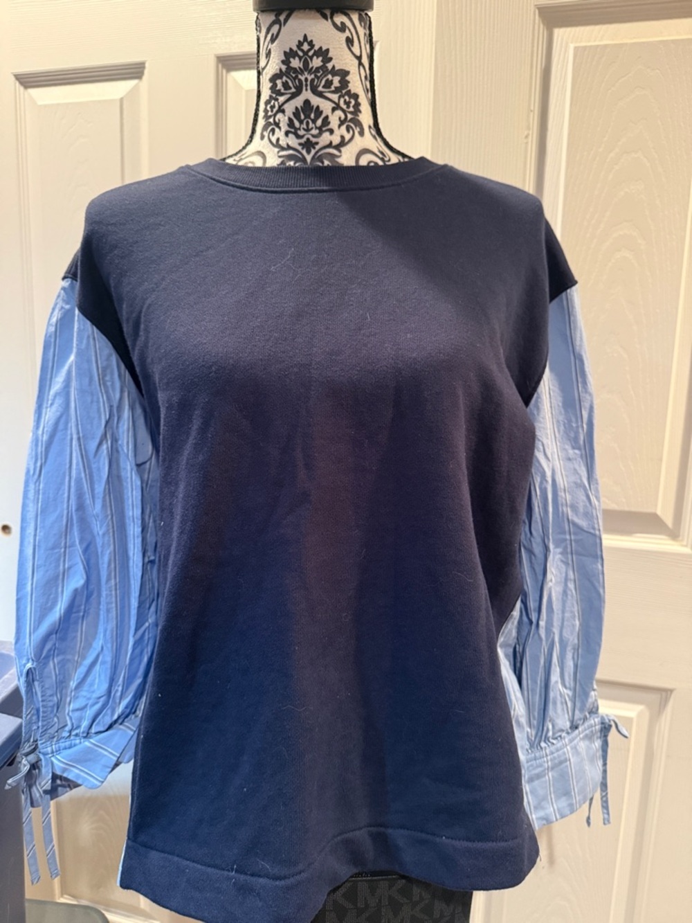 Men's Navy Long-Sleeve Pullover with Light Blue Stripe Sleeve Detail